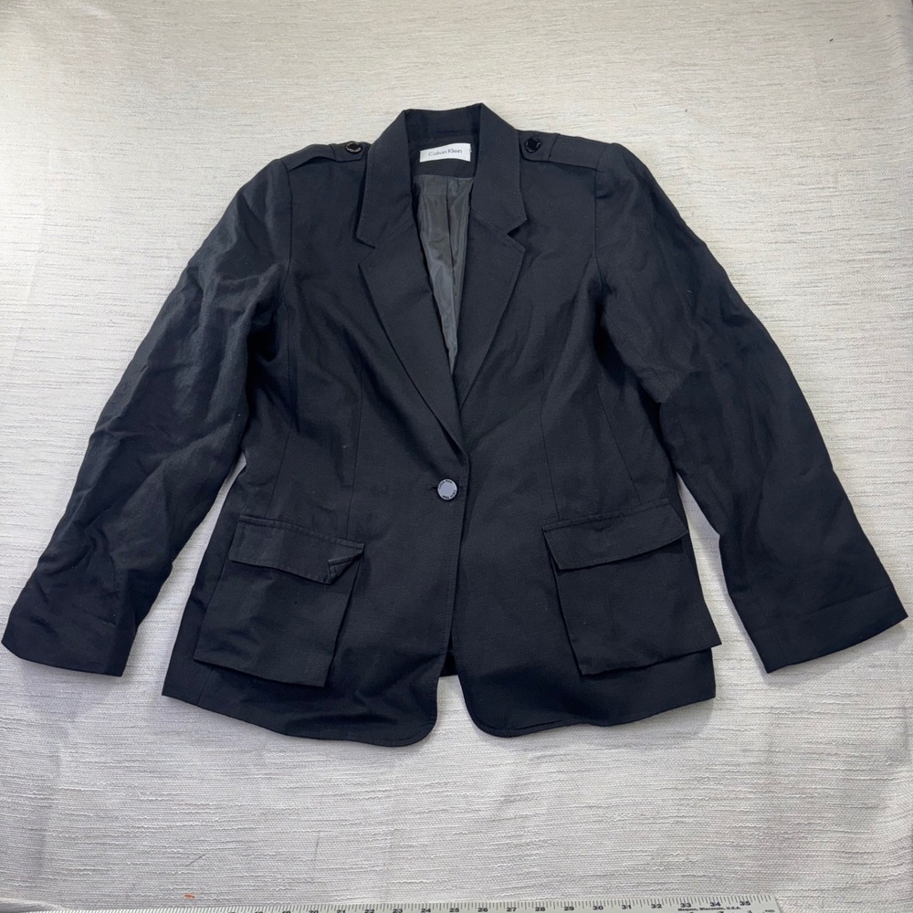 Calvin Klein Womens Black Linen Blend Utility Blazer Jacket‎ Epaulettes Size M